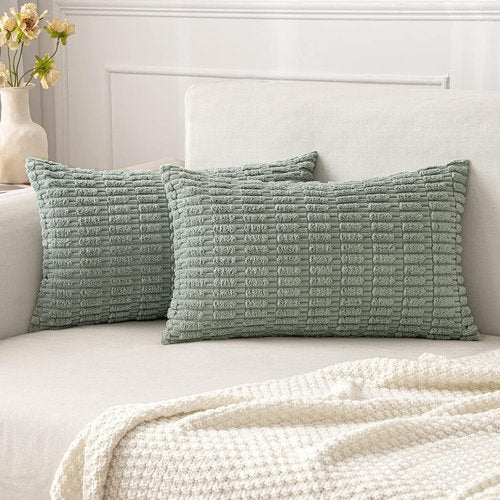 MIULEE Decorative Lumbar Throw Pillow Covers - Soft Boho Striped Design | 20x12 Inch Greyish Green