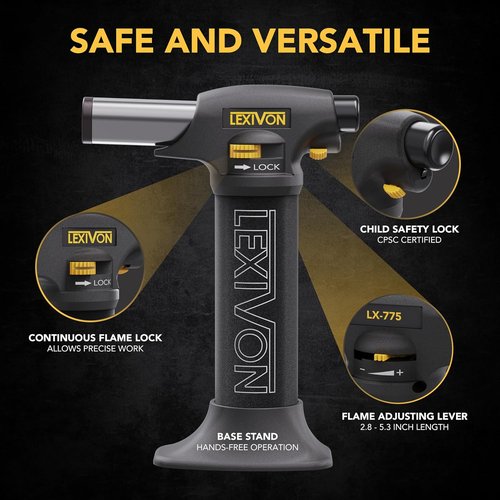 LEXIVON Butane Torch Lighter - Refillable Kitchen Cooking Torch with Adjustable Flame & Safety Lock | Pro-Grade Aluminum Tank (LX-775)