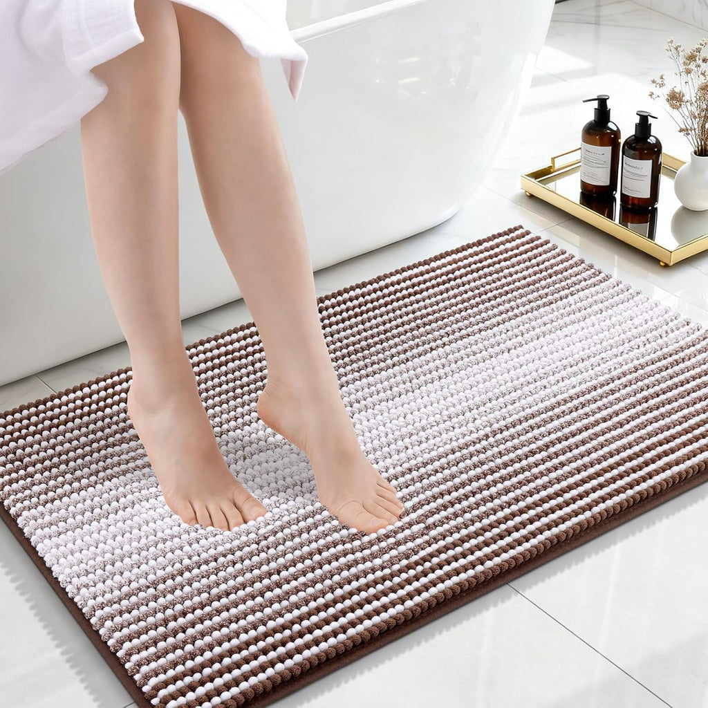 OLANLY Bathroom Rugs - Extra Soft Chenille Striped Bath Mat | 32x20, Rubber Backing, Machine Washable, Brown