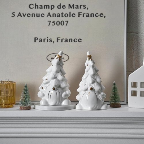 AOMOONOA Ceramic Christmas Tree Gnomes - Lighted Tabletop Decor for Indoor Holiday Cheer - White