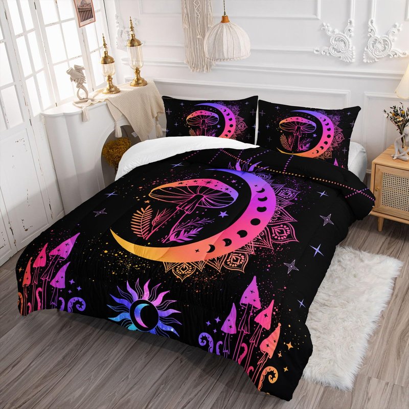 Axolotl Sun and Moon Bedding Set Queen Size,Mushroom Comforter,3Pcs Boho Exotic Bed Set,Bohemian Bedding,Cosmic Planets Astrology Comforter for Adults Women Teens,1 Quilt 2 Pillowcases,Black