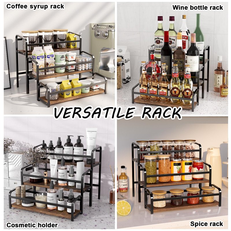3-Tier Coffee Syrup Rack for Countertop, Large Capacity 12-Bottles Syrup Stand with Wood Shelf & Metal Frame for Coffee Bar, Premium Black Coffee Organizer Station/Wine Rack for Kitchen Storage