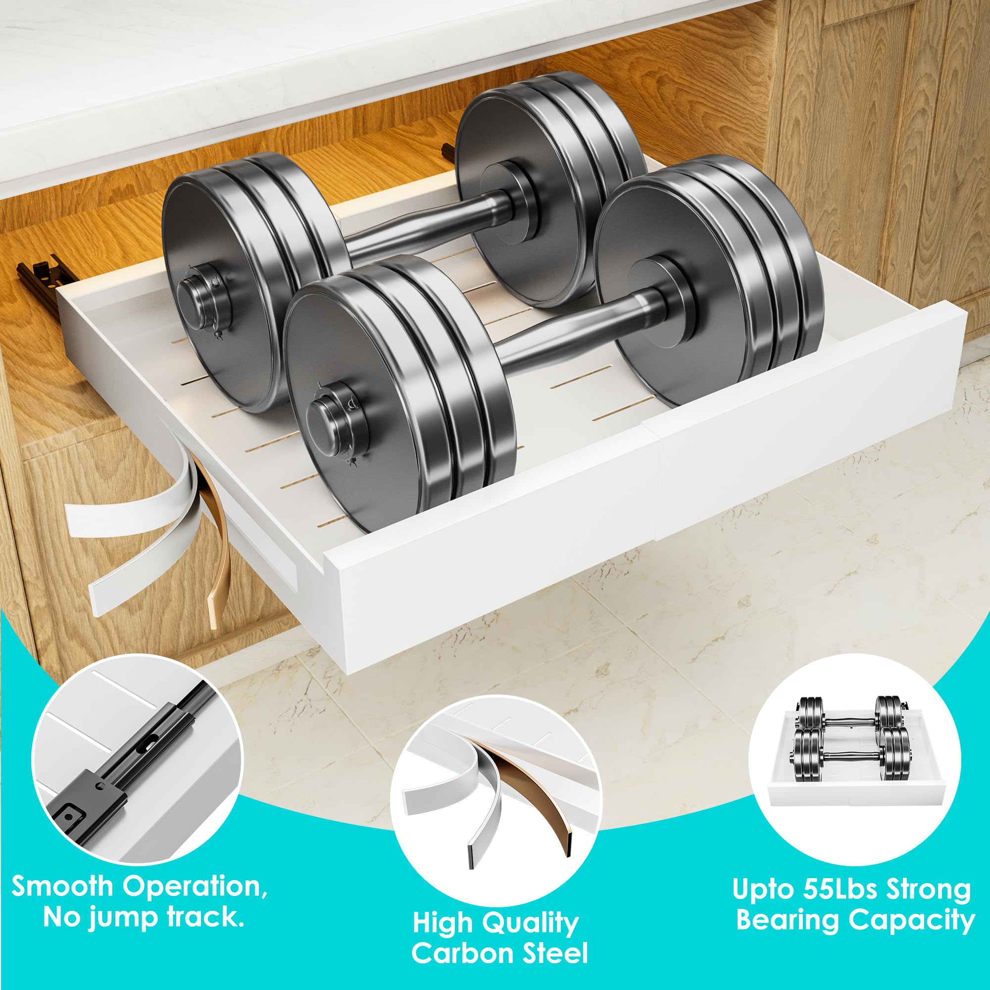 Expandable Slide Out Drawer for Cabinets (12.7"-19.7"), Adhesive Carbon Steel Pull Out Drawers for Kitchen Cabinet, Pantry Shelves and Bathroom Vanity - 16.9'' Depth x 3.1'' Height.