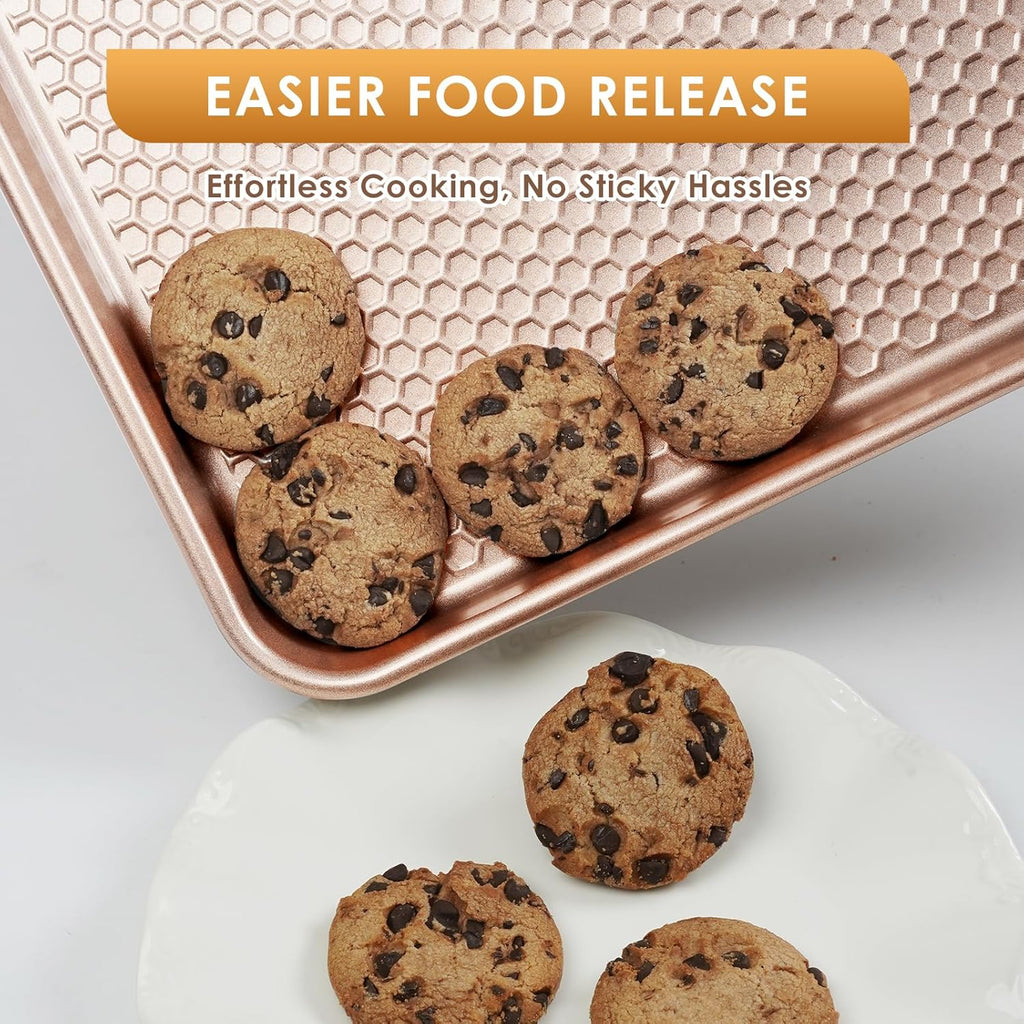 Skiennix Baking Sheet Pan Set - Nonstick Carbon Steel Cookie Sheets | Heavy Duty Rose Gold, Easy Clean