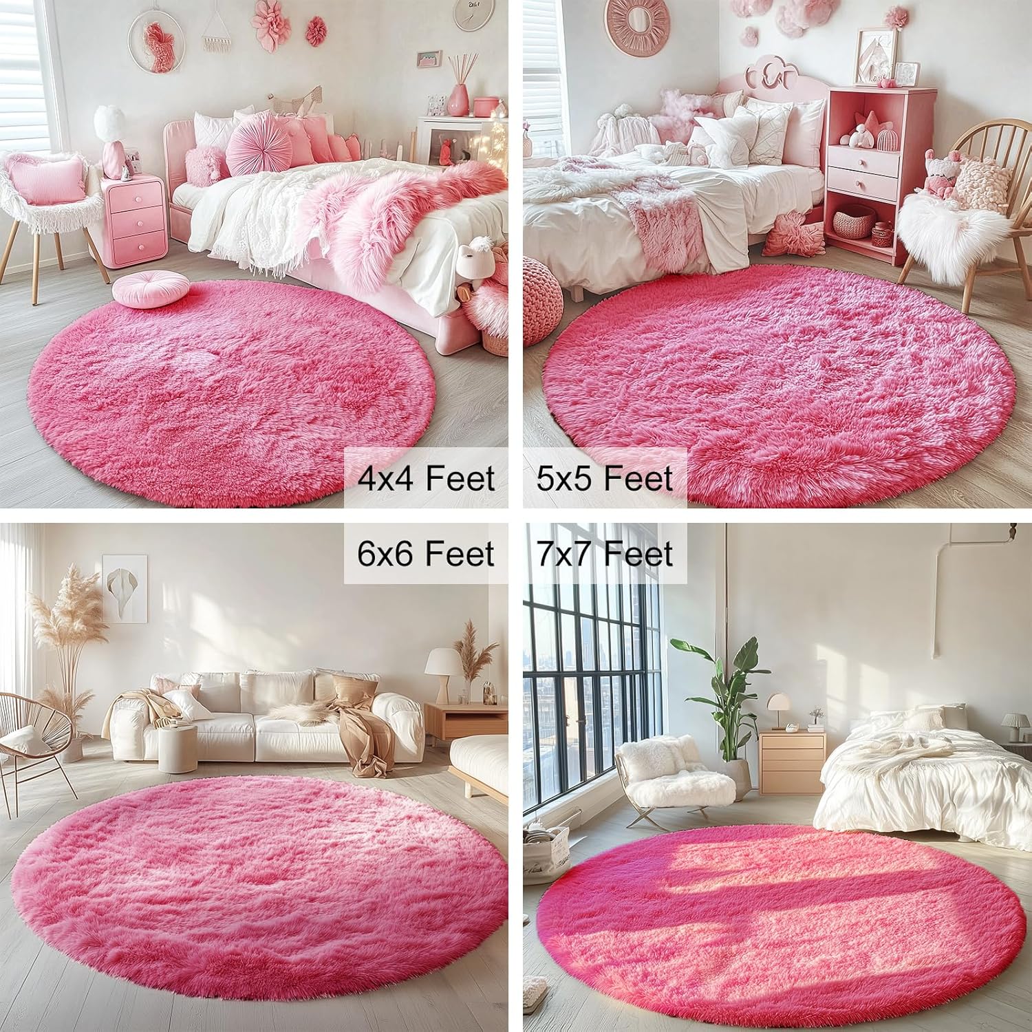 OLANLY Hot Pink Round Rug - Soft, Fluffy Shaggy Carpet | 4 ft Machine Washable Area Rug for Bedroom, Living Room, Nursery Decor