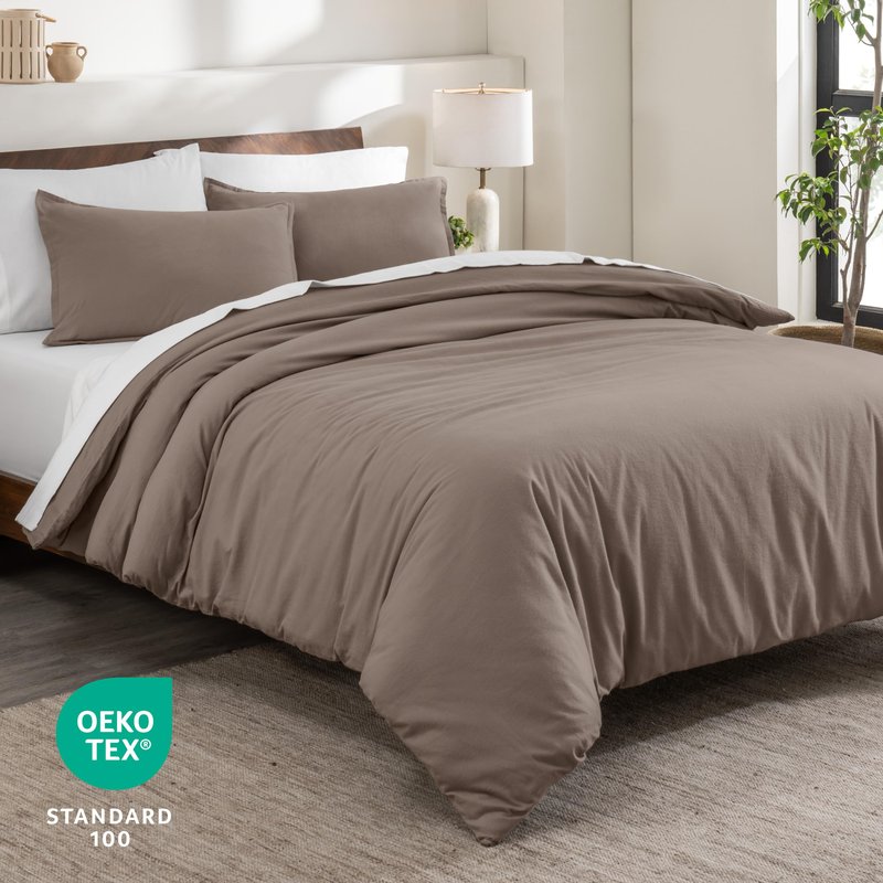 Bare Home Flannel Duvet Cover Set with Sham Pillow Covers (Queen, Taupe)