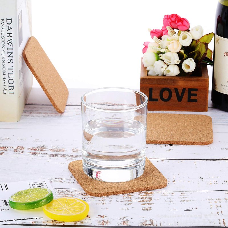20 Pieces 5 mm Thick Wooden Cork Coasters Absorbent Square Cork Drink Coasters Mats 4 x 4 Inch