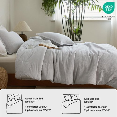 PHF Cotton Muslin Comforter Set King Size, Breathable Lightweight Super Soft Bedding Sets for All Season,3 Pieces, 1 Comfy Comforter (104"x90"),2 Pillow Shams(20"x36"), Light Grey