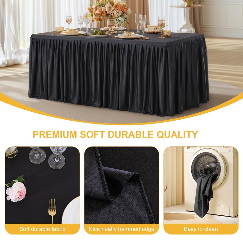 Party Talk 2 Packs Black Tableclothes for 8 Foot Rectangle Tables, Wrinkle Free Fitted Table Cloth 8ft Stretch Table Cover with Skirt for Parties Weddings Birthday Banquet Baby Shower