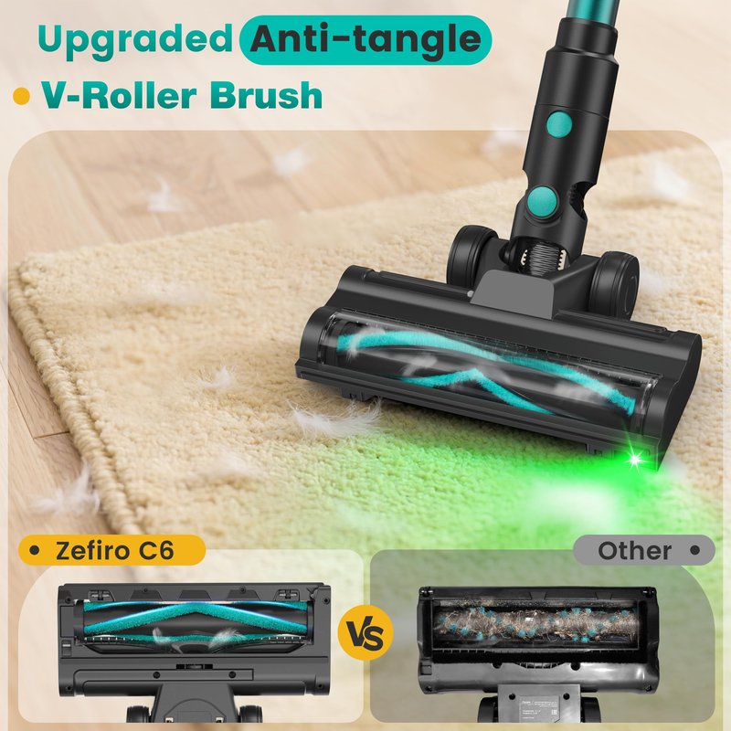 Zefiro Cordless Vacuum Cleaner,45Mins Runtime Vacuum Cleaners for Home, Anti-Tangle and 1.5L Dust Cup, 6 in 1 Lightweight Vacuum for Hardwood Floor Carpet Pet Hair (Olive Green)