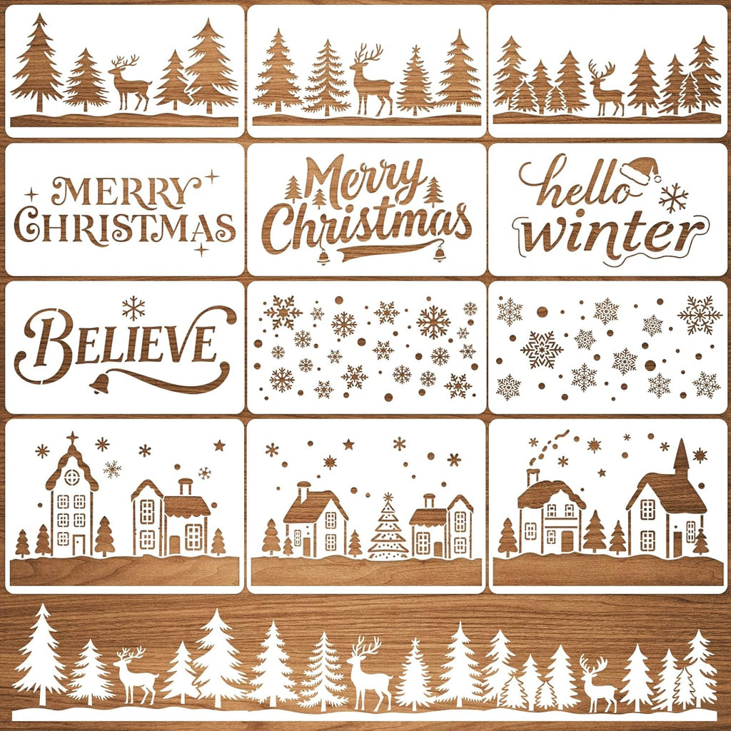 Regine Switzerland Large Christmas Stencils - 12 Pcs Winter House, Snowflake & Pine Tree Designs for Painting on Wood, Glass & Door Mats