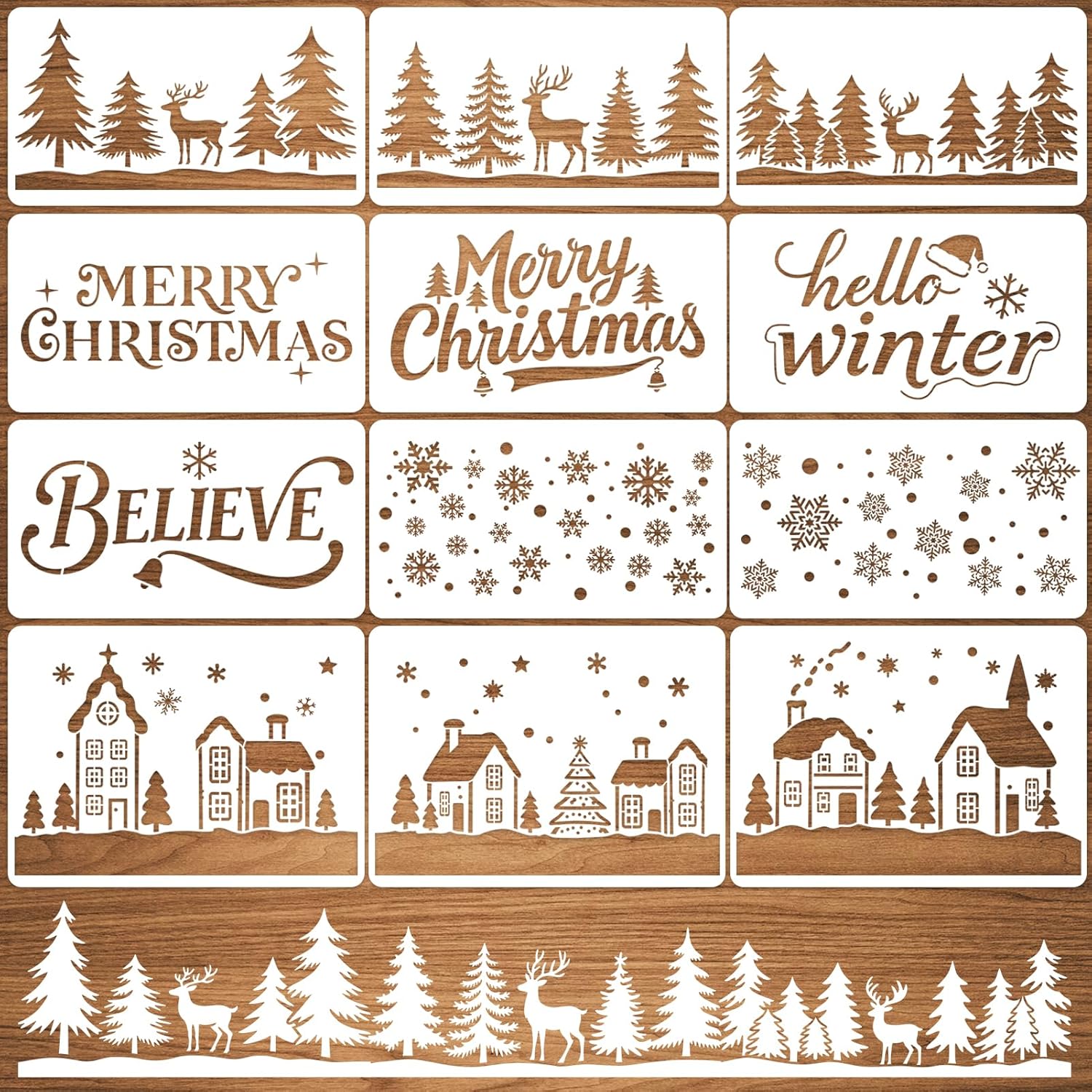 Regine Switzerland Large Christmas Stencils - 12 Pcs Winter House, Snowflake & Pine Tree Designs for Painting on Wood, Glass & Door Mats