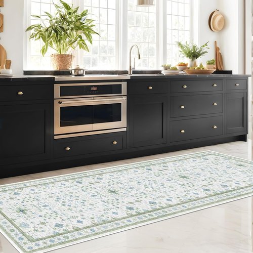 Hazo Haus Oushak Runner Rug - Vintage Turkish Floral Design | Washable Low Pile, Non-Slip | 2'6"x10' - Blue & Green