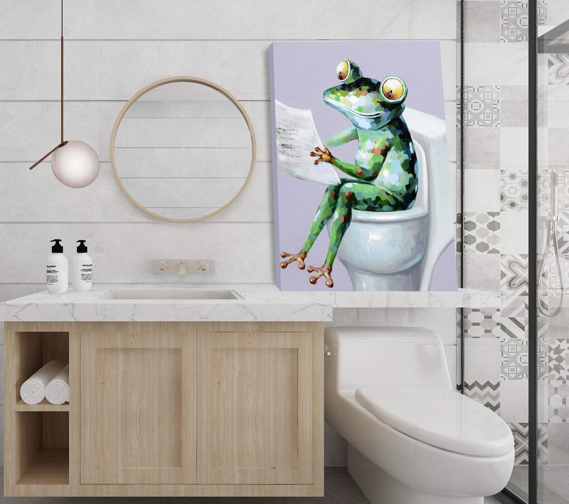 Yihui Arts Funny Bathroom Wall Art, Frog Reading Book Artwrok, Large Painting Pictures for Home Decor