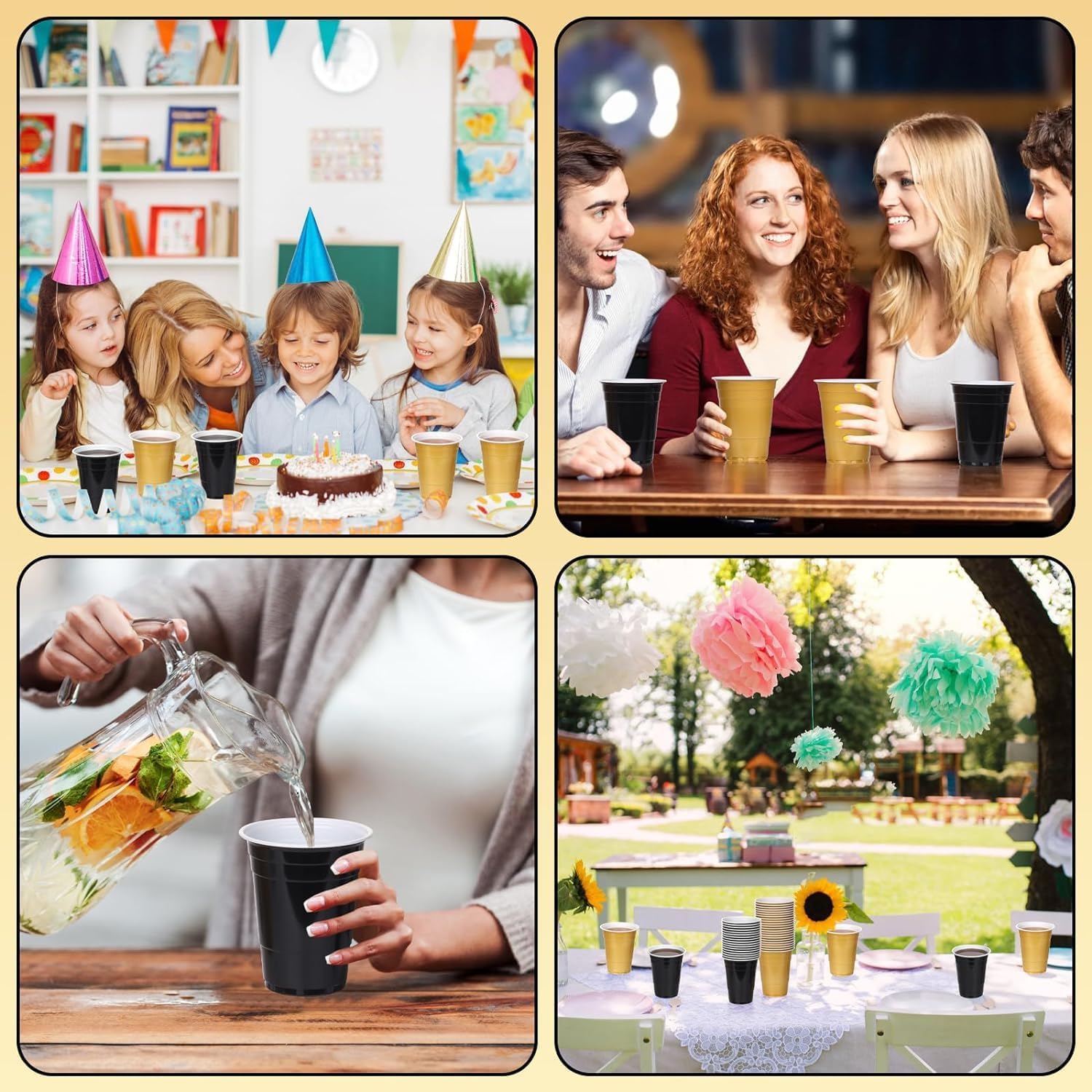 KesaPlan 50PCS 16 oz Plastic Cups Graduation Cups Black and Gold Disposable Party Cup Bulk for Party Graduation Wedding Birthday Halloween Family Gatherings and Festive Celebrations
