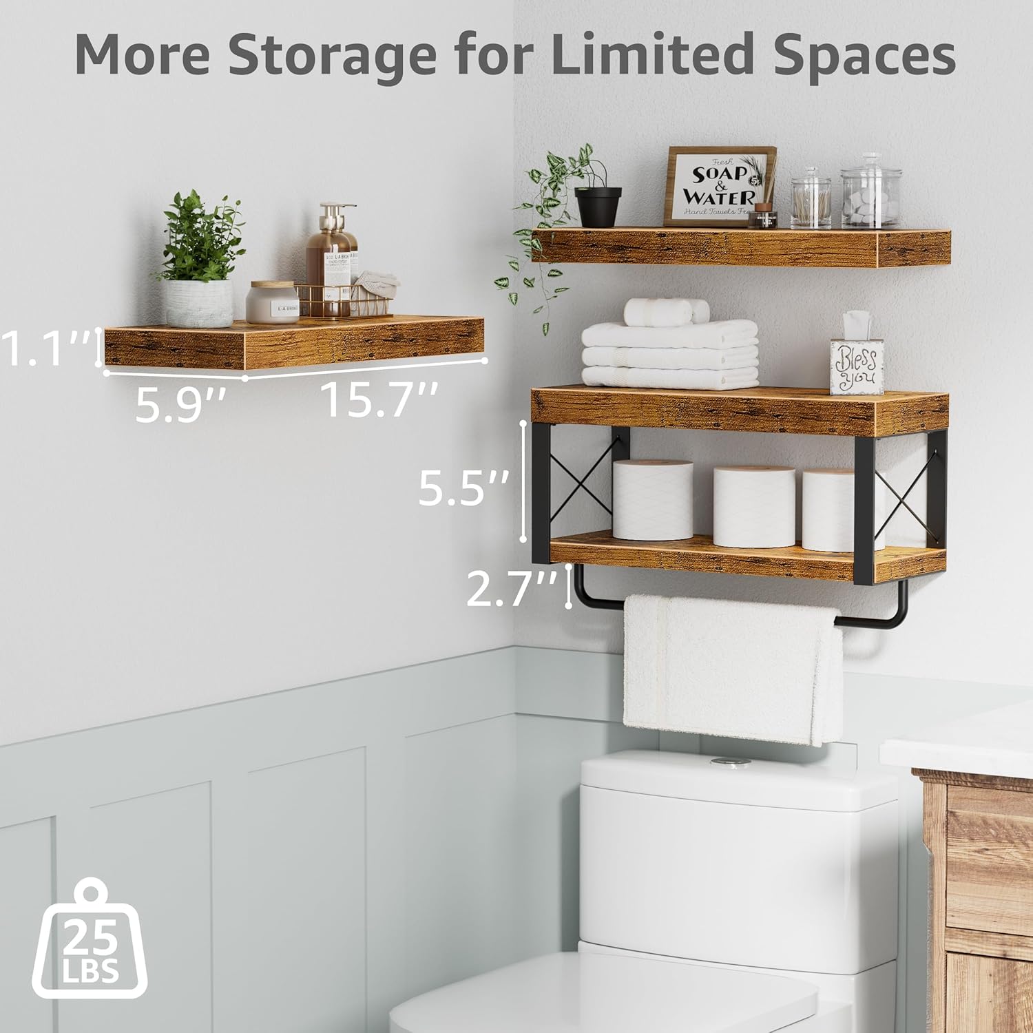 QEEIG Bathroom Shelves Over Toilet - Rustic Floating Shelf Set for Toilet Paper Storage | 16 Inch, Brown