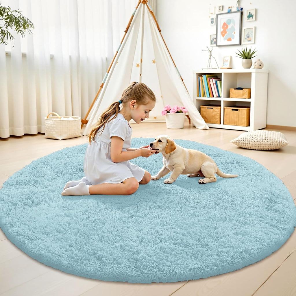 OLANLY Round Light Blue Area Rug - Soft, Fluffy, Machine Washable 9 ft Carpet for Bedroom & Living Room