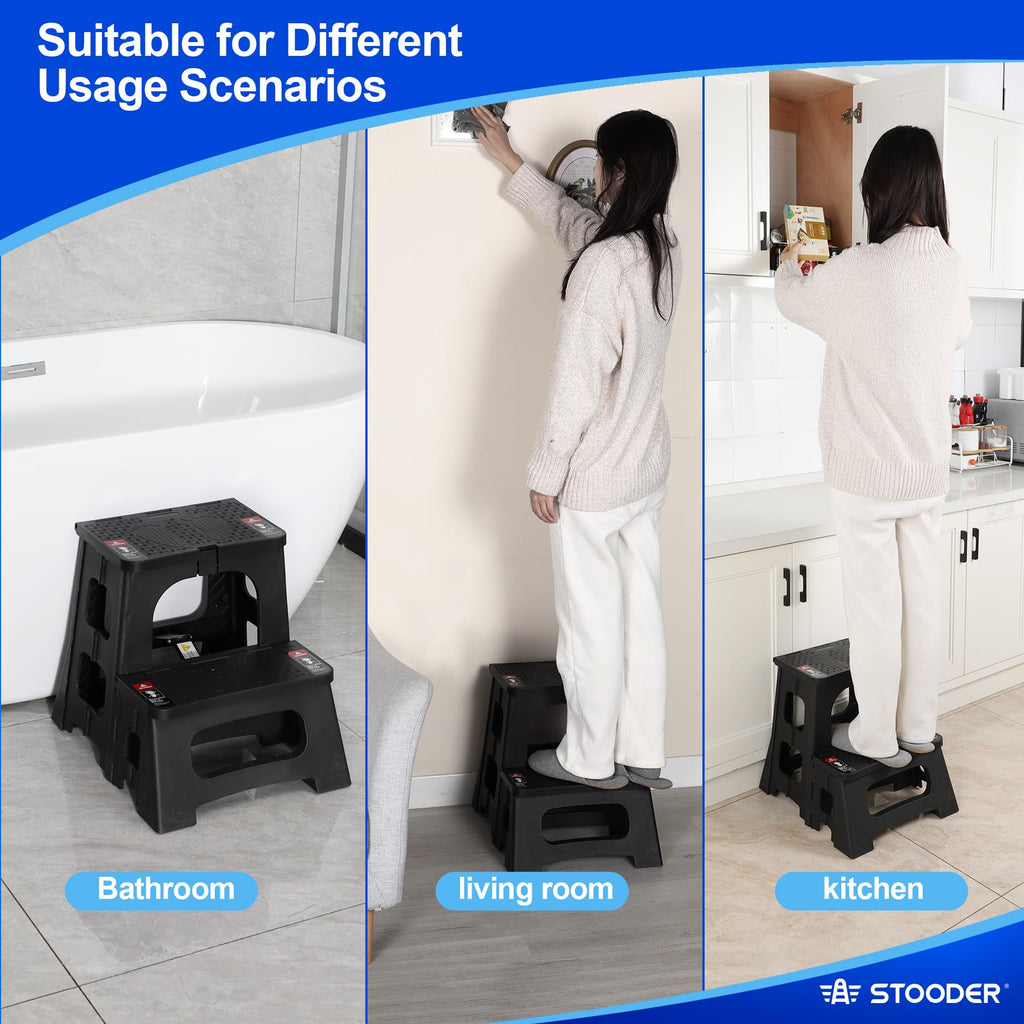STOODER Folding 2-Step Stool - Upgraded Stable A-Frame, Safety Lock, Anti-Slip Rubber Feet, 300lb Capacity, No Assembly - 8" 17" Step Stools for Kitchen, Bathroom, Bed, RV, Home, Office (Black)