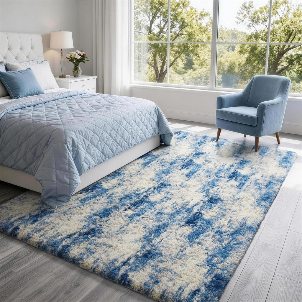 Ophanie Area Rug - Fluffy Blue, White & Grey Shag Carpet for Living Room | 6x9 Soft Plush Design