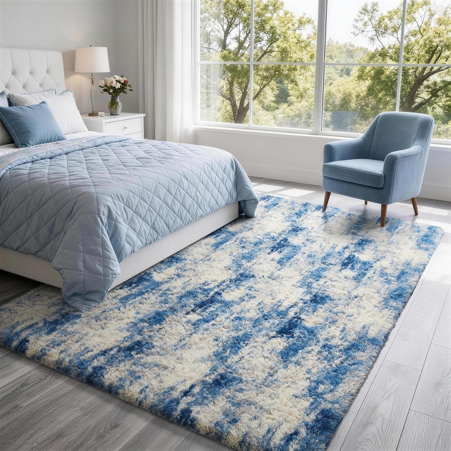 Ophanie Area Rug - Fluffy Blue, White & Grey Shag Carpet for Living Room | 6x9 Soft Plush Design