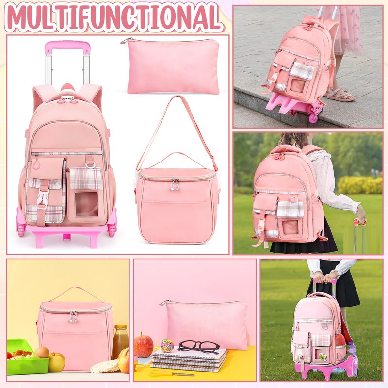 Joceiae Cute Rolling Backpack for Girls, Rolling Wheeled School Bag for Backpack