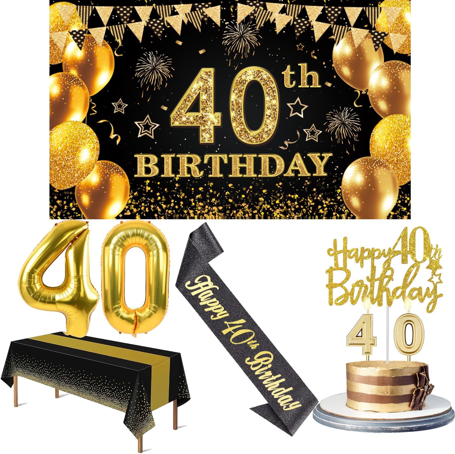 Regine Switzerland 40th Birthday Decorations - Black & Gold Banner, Table Cloth, Balloons & Cake Topper