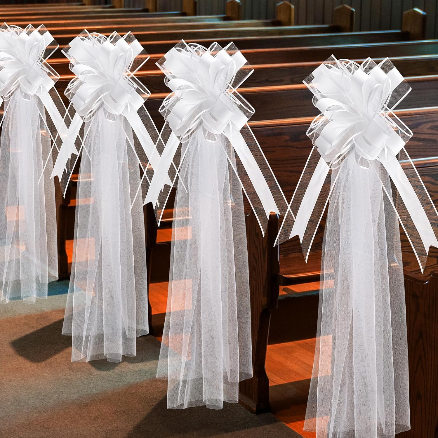Skiennix 12 Set Large Wedding Pew Bows - Elegant White Tulle Tails for Church Aisle & Car Decor