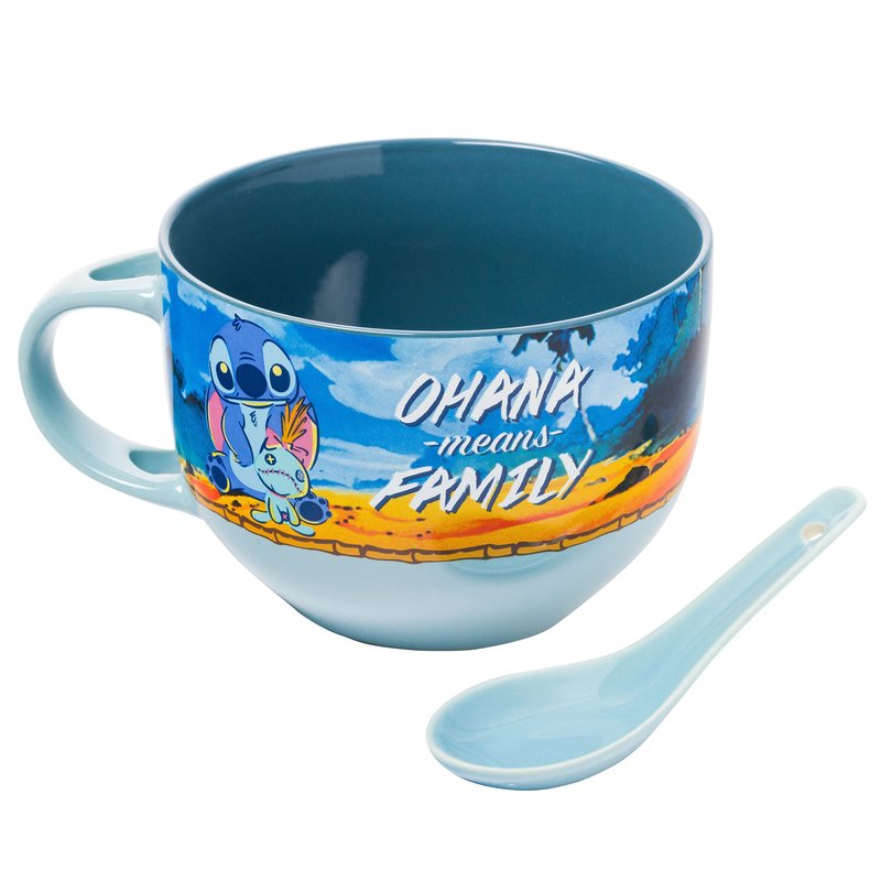 Silver Buffalo Lilo and Stitch Featuring Scrump Ohana Means Family Ceramic Soup Mug Spoon Set, 24 Ounces