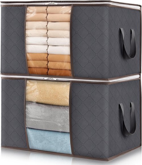 Lifewit 60L Clothes Storage Bins - Foldable Blanket Bags with Zippers & Clear Window | 2-Pack