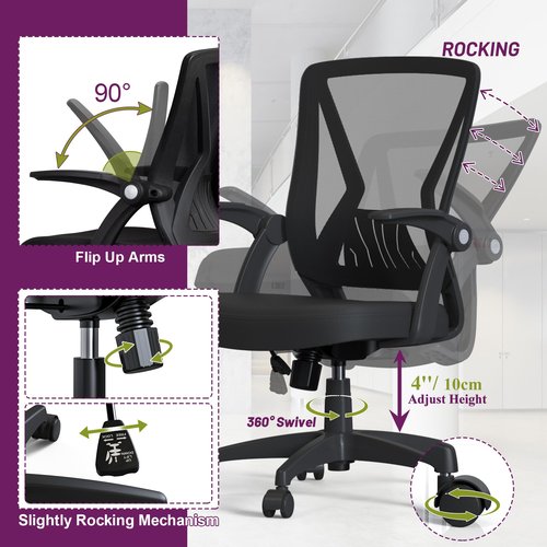 Swivel Ergonomic Mesh Mid Back Office Desk Chair with Height Adjustable Flip Up Armrests and Wheels for Adult Home Study