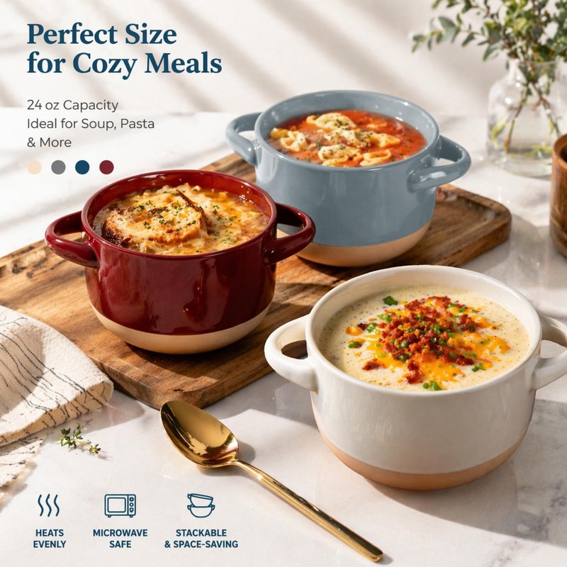 AmorArc 24 Ounces Soup Bowls with Large Handles and Lids, Stoneware Bowls Set of 4 for Soup, Cereal, Stew, Noodle, Colourful Ceramic Kitchen Bowls, Microwave&Dishwasher Safe, Multicolor