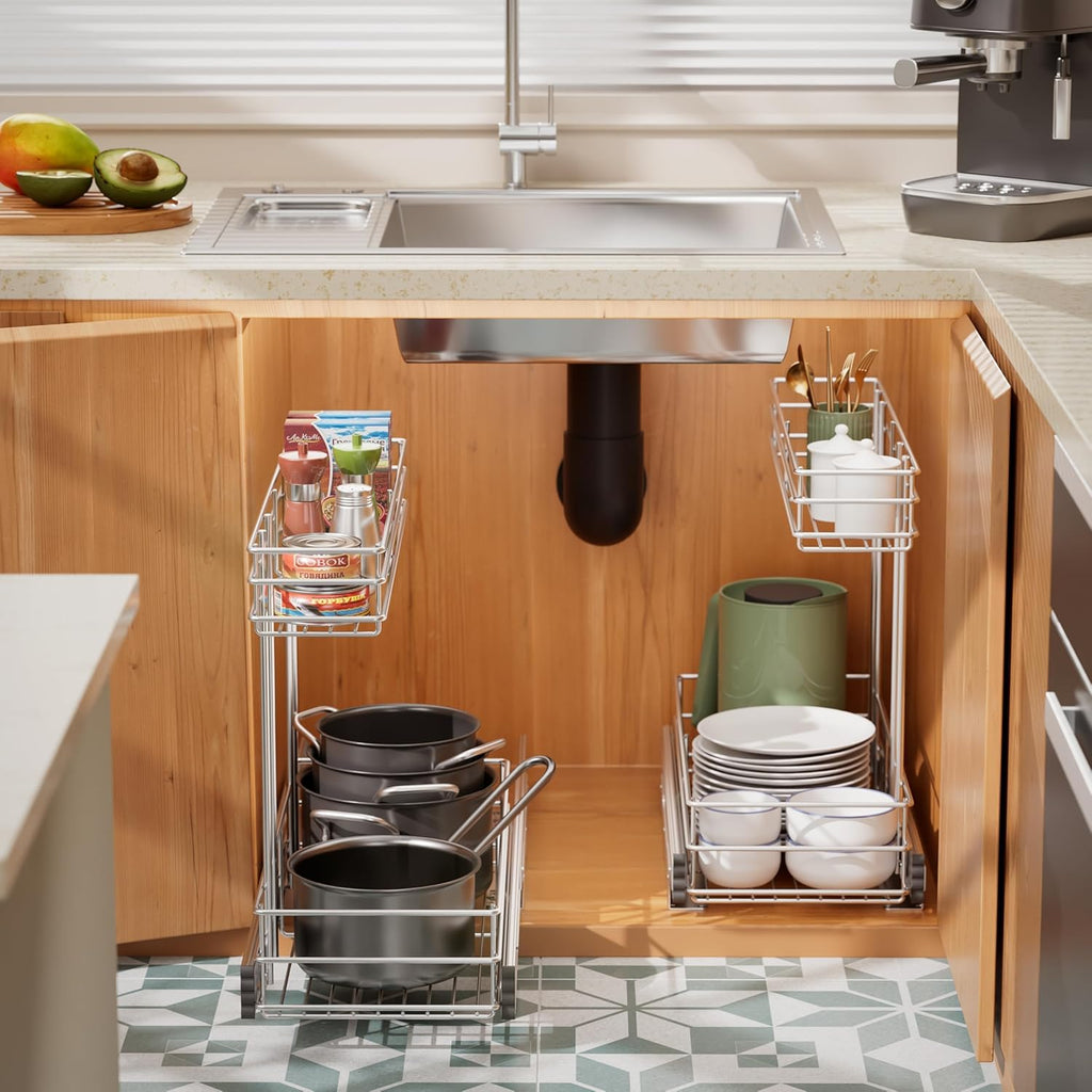 Under Sink Organizer - 2-Tier Pull-Out Cabinet Storage | Chrome Plated, 9"W x 18.5"D