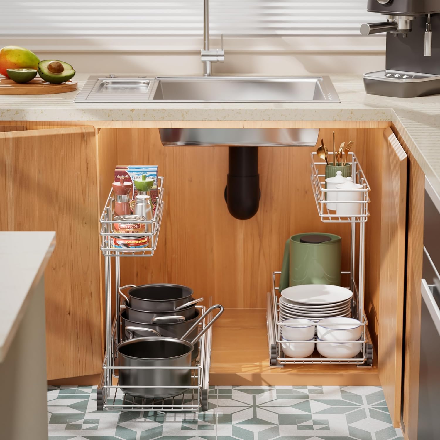 Under Sink Organizer - 2-Tier Pull-Out Cabinet Storage | Chrome Plated, 9"W x 18.5"D