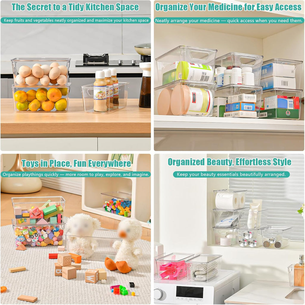 Skiennix 6-Pack Clear Storage Bins - Stackable Acrylic Craft Containers with Lids & Handles for Pantry, Kitchen, Office