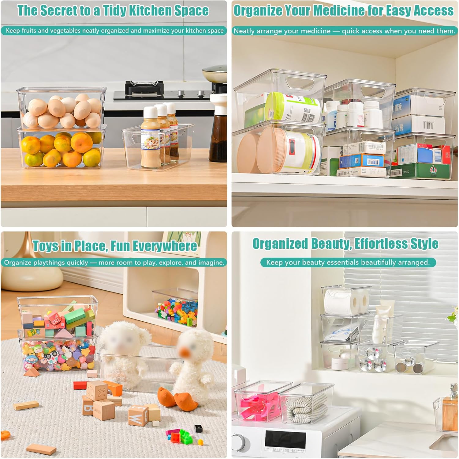 Skiennix 6-Pack Clear Storage Bins - Stackable Acrylic Craft Containers with Lids & Handles for Pantry, Kitchen, Office