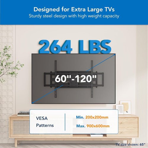 Mount-It! Heavy Duty XXL Full Motion TV Wall Mount - Supports Extra Large TVs Up to 264lb | VESA 900x600, Adjustable Swivel & Tilt for 60" to 120" Screens