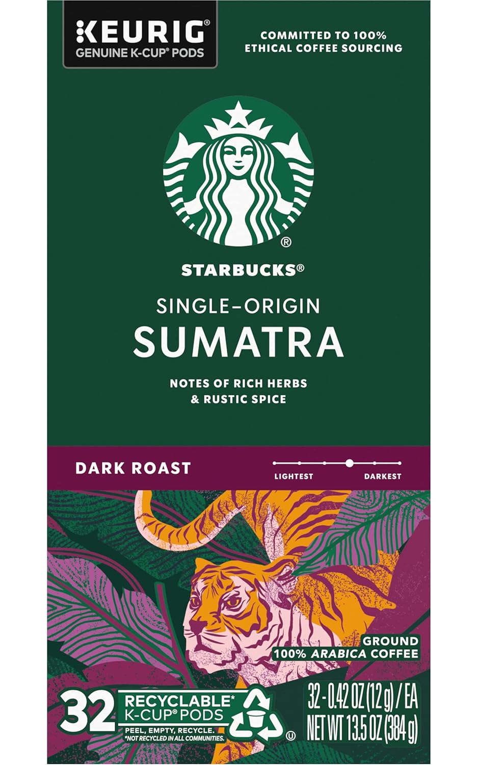 Starbucks K-Cup Pods - Sumatra Dark Roast Coffee - Single-Origin, 32 Count (Pack of 4)