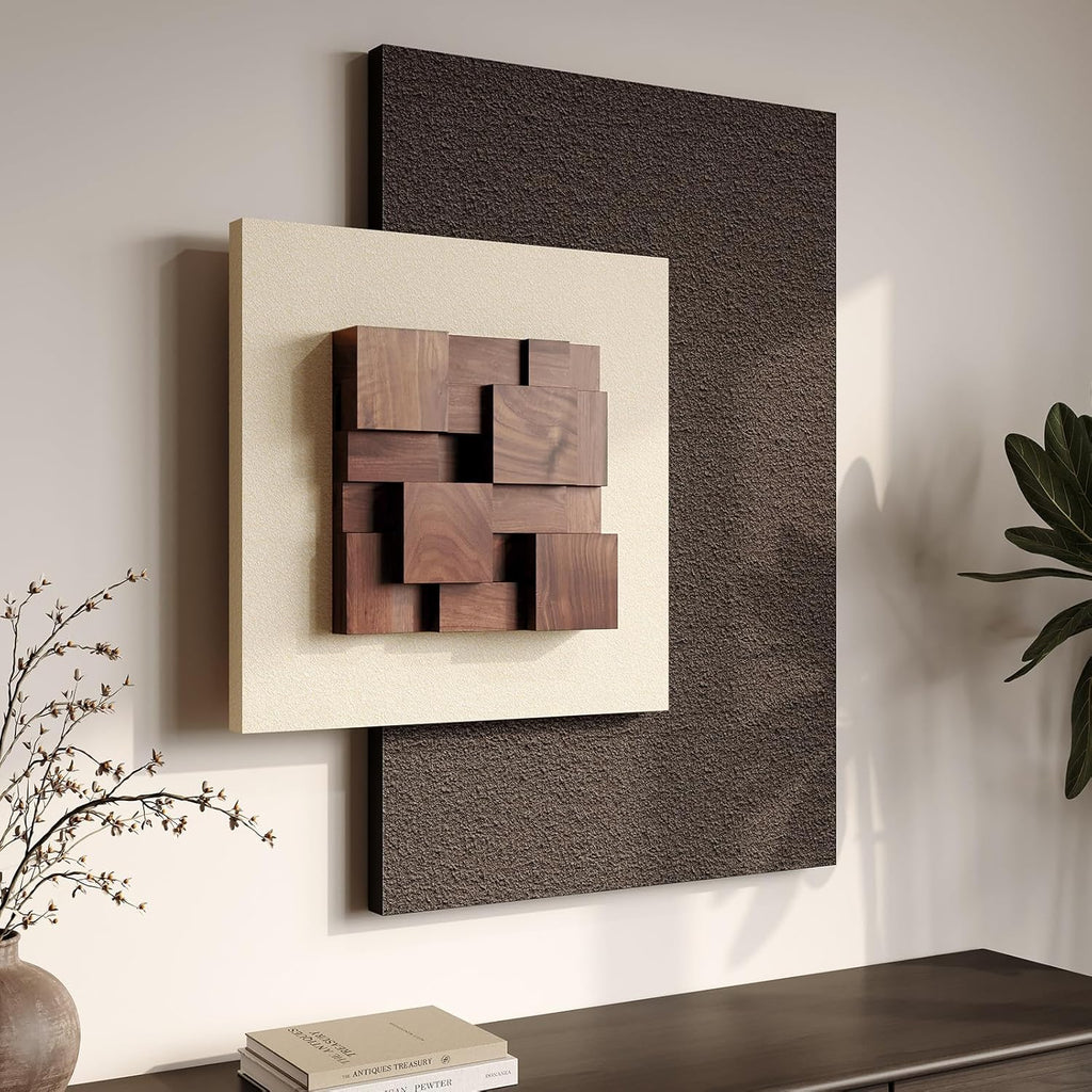 Skiennix 3D Wood Textured Wall Art - Modern Beige & Brown Geometric Design | Large Abstract Decor for Living Room, Bedroom & Office