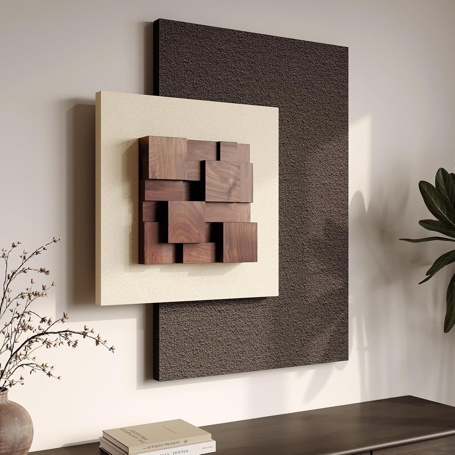Skiennix 3D Wood Textured Wall Art - Modern Beige & Brown Geometric Design | Large Abstract Decor for Living Room, Bedroom & Office