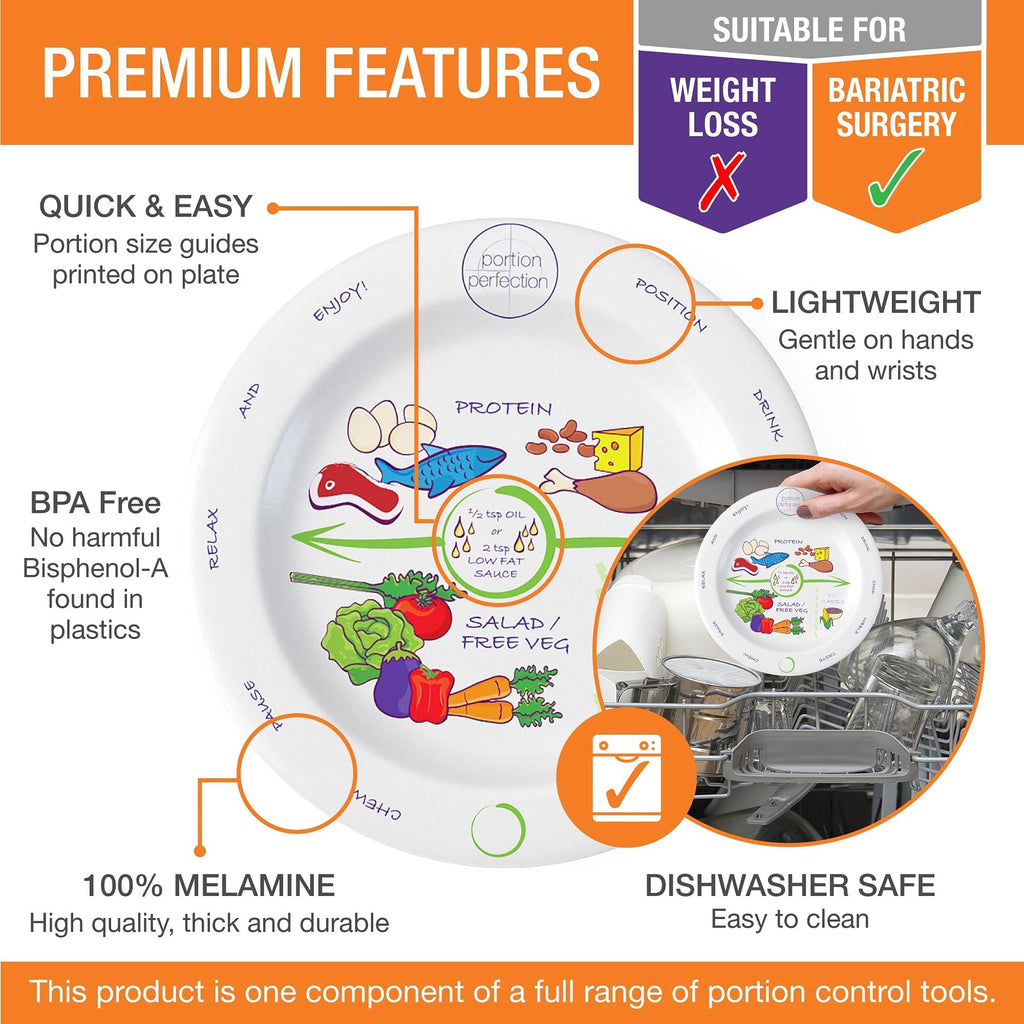 Portion Perfection, 2 Pack MELAMINE Bariatric Portion Control Plate 8”. Get the Bariatric Surgery Must-Haves for Longterm Weight Control to Guide your Gastric Sleeve or Bypass Journey