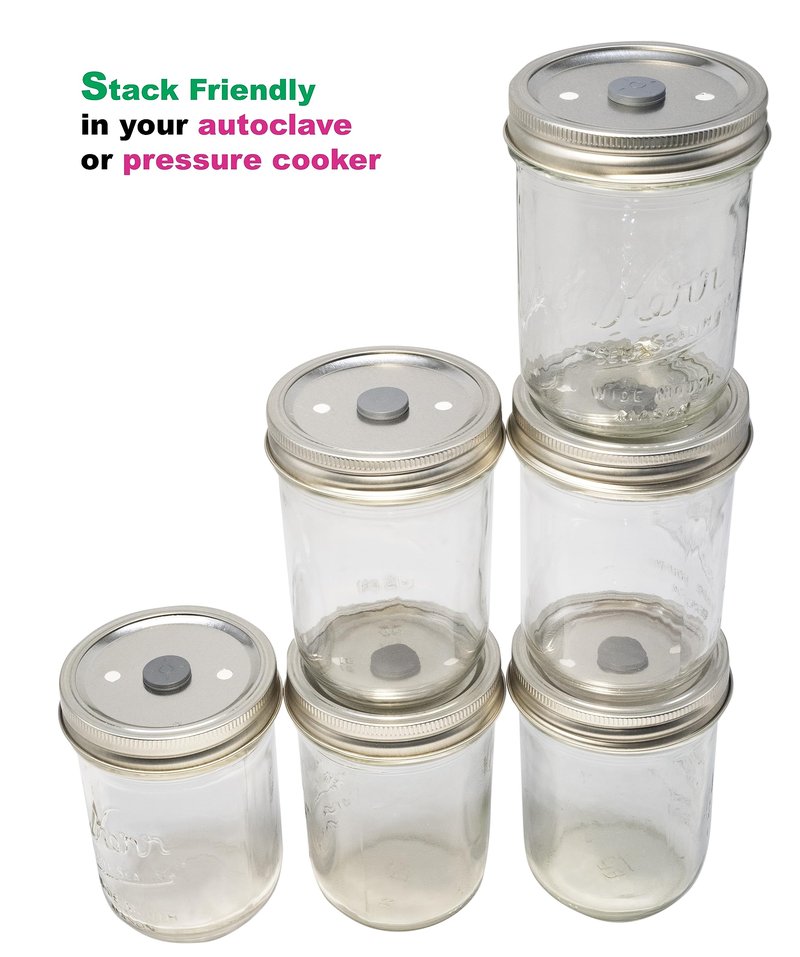 Root Mushroom Farm- 6Pcs Wide Mouth Mushroom Liquid Culture Lids, Mason Jar Lid with Two air exchange openings, 0.22um PTFE Filters & 20mm Self Healing Injection Port