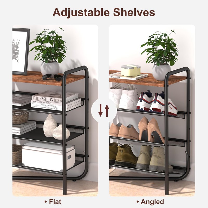 CHEMPFR Industrial Shoe Rack 4-Tier with Wooden Top - Heavy Duty Metal Frame, Space Saving Entryway Organizer Holds 16 Pairs, 25x12x28 Inch