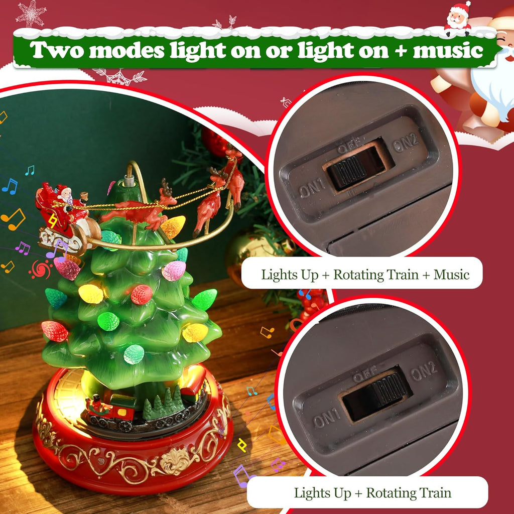 Skiennix Musical Pre-Lit Artificial Christmas Tree - Spinning Train & Elk Figurines | Holiday Tabletop Decor