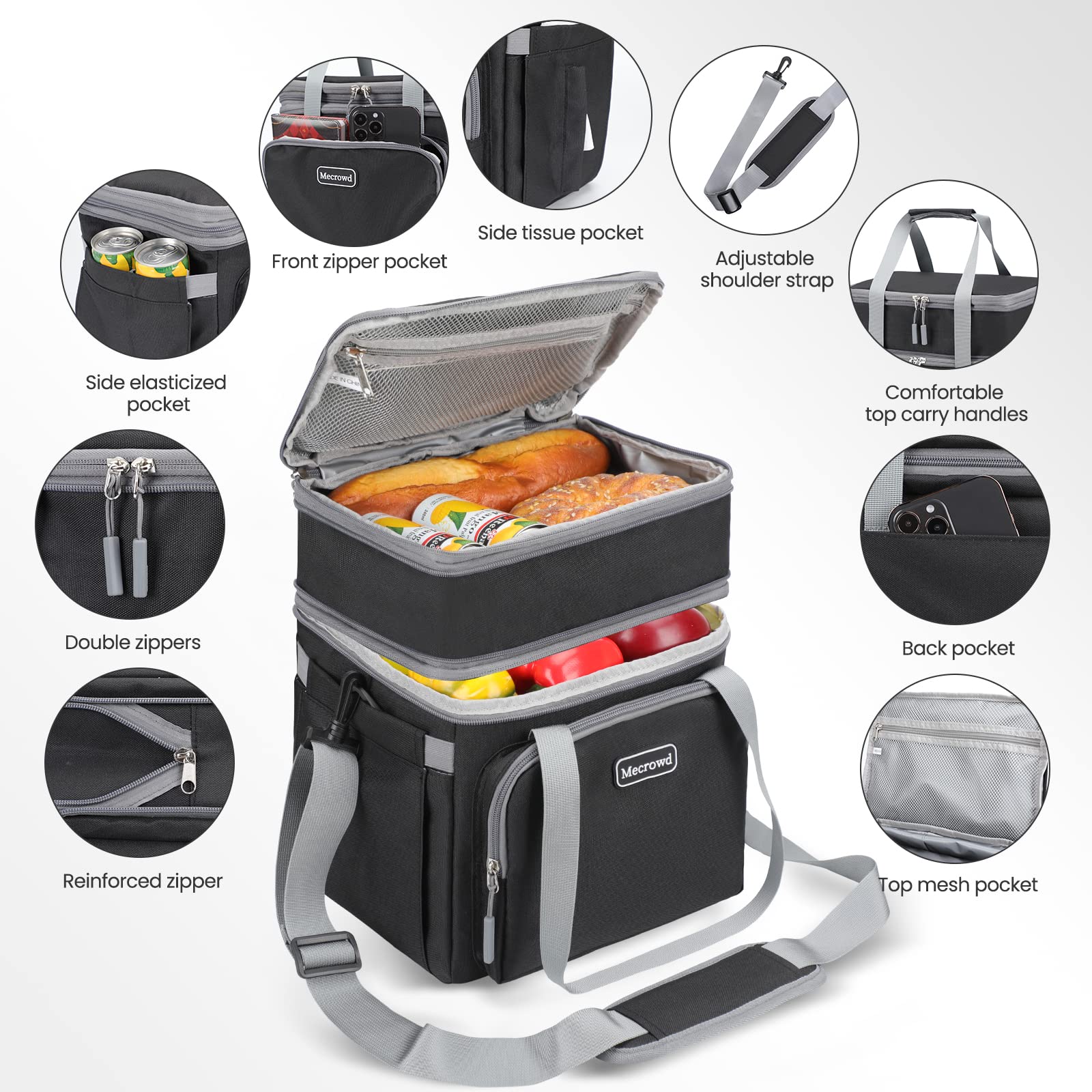 Mecrowd Lunch Bag for Women Men Cooler Bag Double Deck Lunch Box, Leakproof Insulated Soft Large Lunch Cooler Bag with Adjustable Shoulder Strap for Beach Travel Picnic (Black)