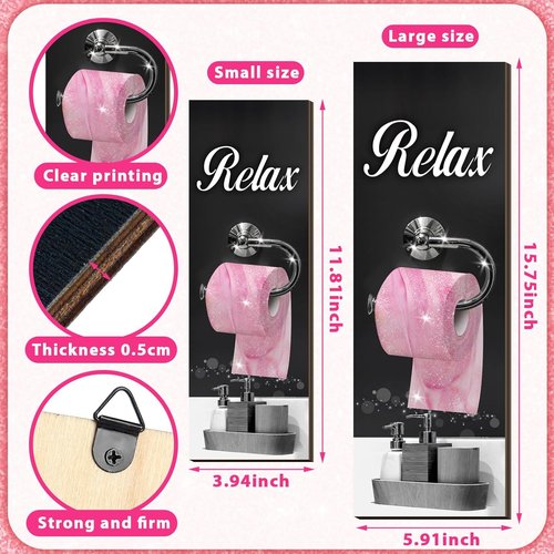 Honoson Bathroom Wall Art - 4 Pcs Farmhouse Decor Signs for Soak, Unwind & Relax | Black & Pink