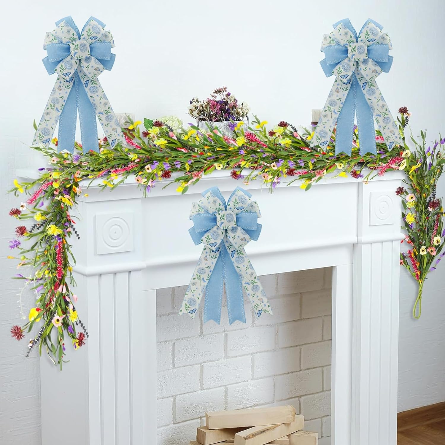 Skiennix 20.87 Inch Large Spring Bow - Blue Hydrangea & Butterfly Burlap Ribbon for Easter Decor | Indoor/Outdoor Use
