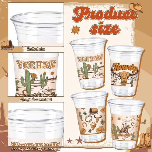 SiliFine 48 Pcs Western Cowboy Plastic Cups 12 oz Disposable Wild West Rodeo Clear Plastic Drinking Cups for Rodeo Wild West Theme Baby Shower Birthday Party Favors Decorations Supplies