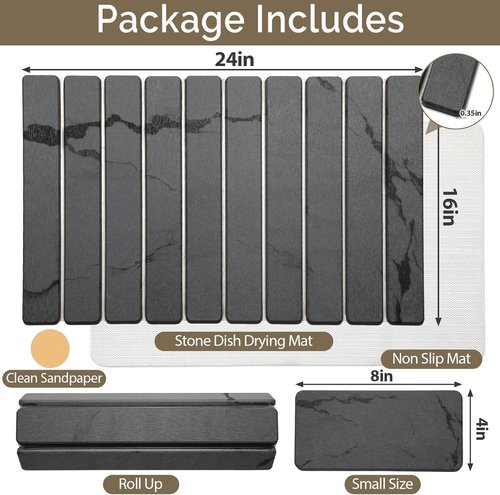 **Skiennix Large Stone Dish Drying Mat - Quick-Dry Diatomaceous Organizer Pad | Dark Gray 24"×16" & 8"x4"**
