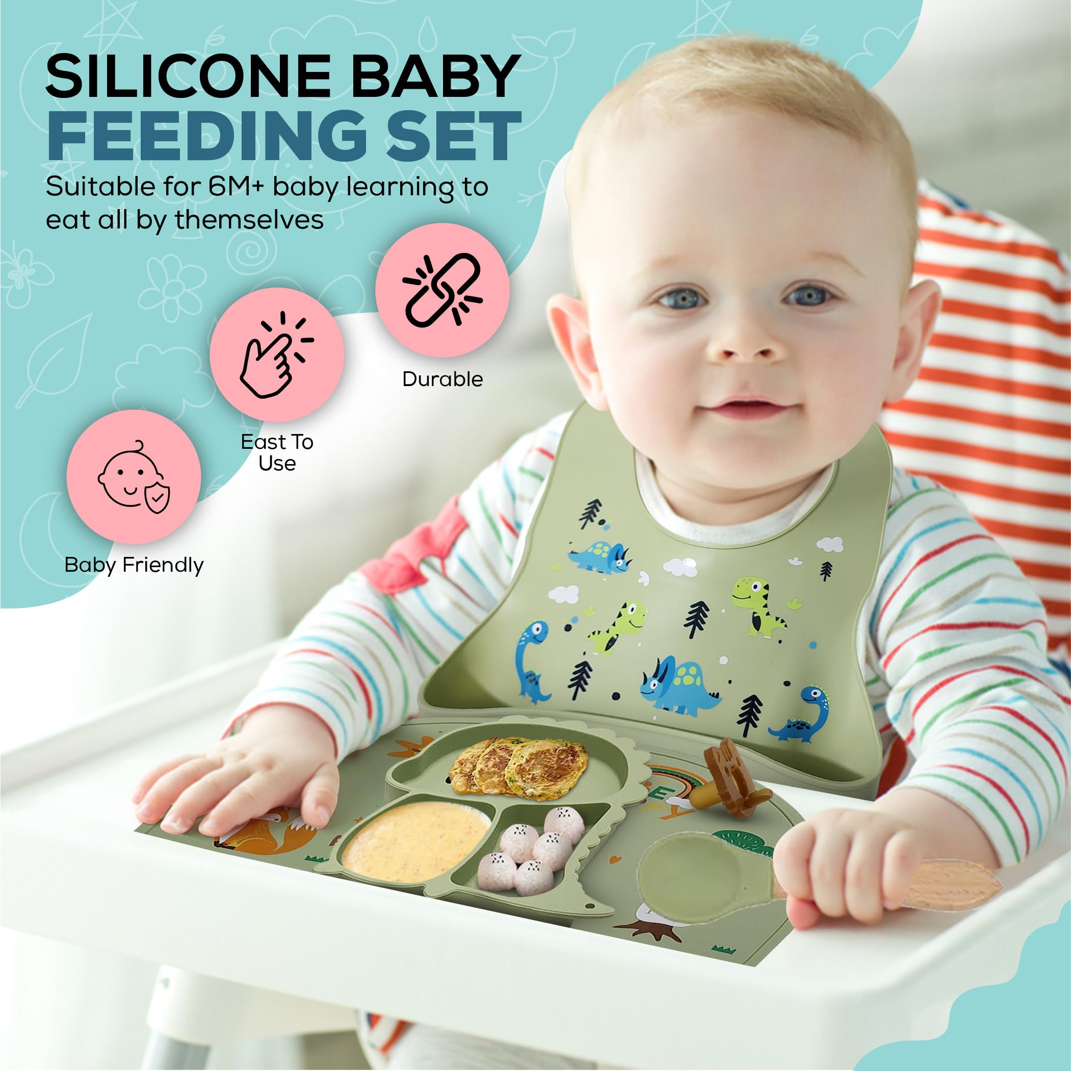 SiliTime Dinosaur-Themed Silicone Baby Feeding Set – Suction Mat with Food Catcher & Pacifier – 8-Piece BPA-Free Toddler Mealtime Essentials for Baby-Led Weaning