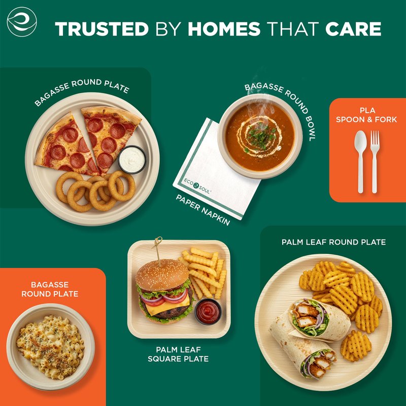 ECO SOUL Compostable Paper Plates 6 Inch, 100 Pack – Small Disposable Dessert Plates, Heavy Duty, Natural Bagasse, Leak Resistant, Microwave Safe, Eco-Friendly Round Appetizer Plates for Party & BBQ